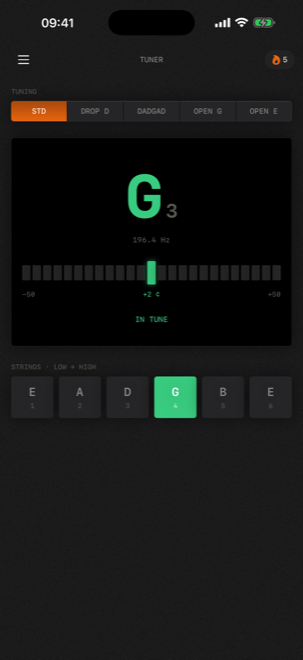 Tuner screen showing G3 in tune