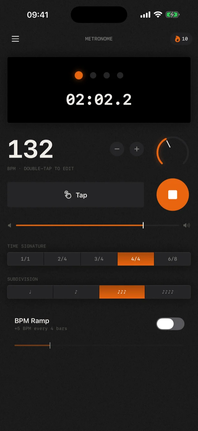 Metronome screen at 132 BPM in 4/4