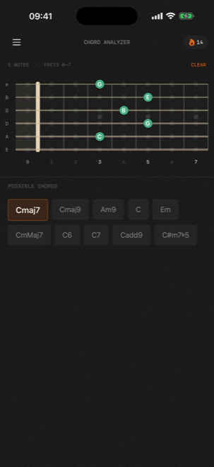 Chord analyzer: selected notes resolve to Cmaj7 and related chords