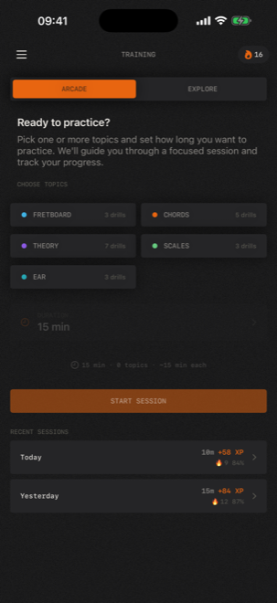 Guitarium training screen with practice topics and streaks