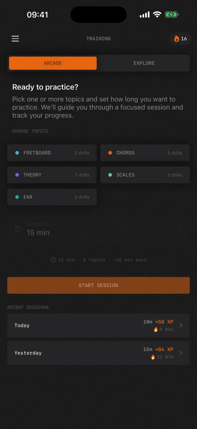 Guitarium training screen with practice topics and streaks