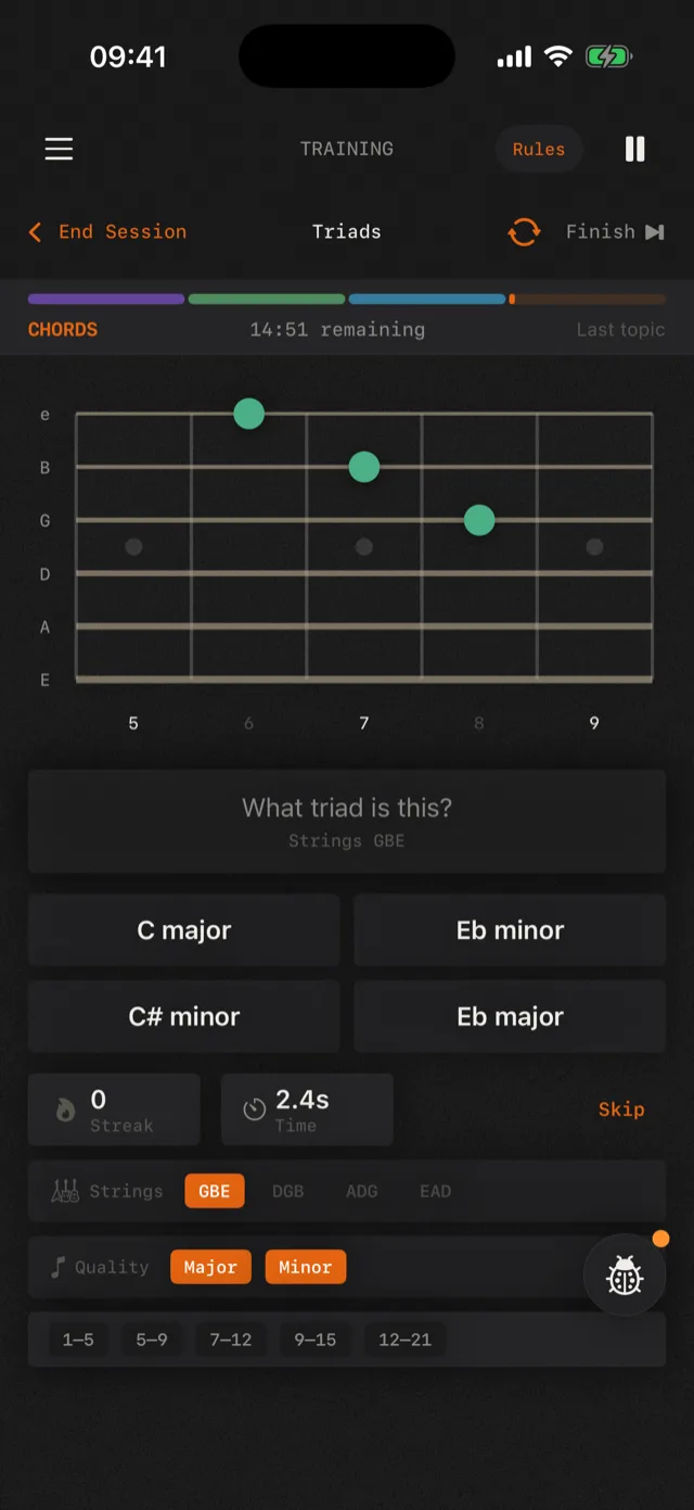 An active training session mid-drill, rotating through Chords, Theory and Fretboard topics