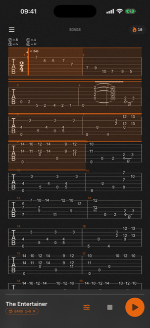 Songs screen: The Entertainer tab with a looped section