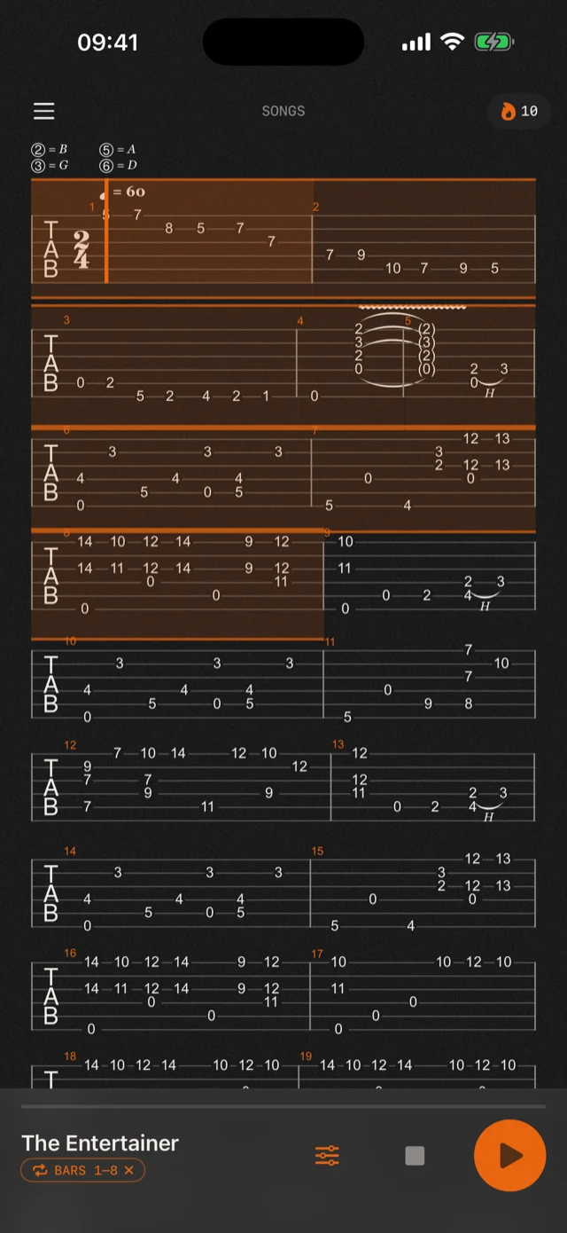Songs screen: The Entertainer tab with a looped section